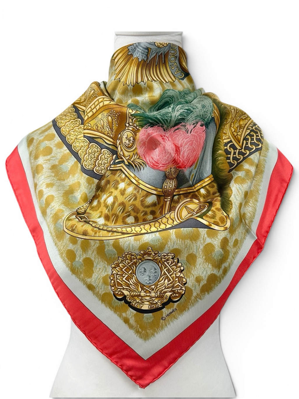 Hermes 100% Silk “Casques Plumets” Carre 90 Coral Pink & Gold Large Square Scarf